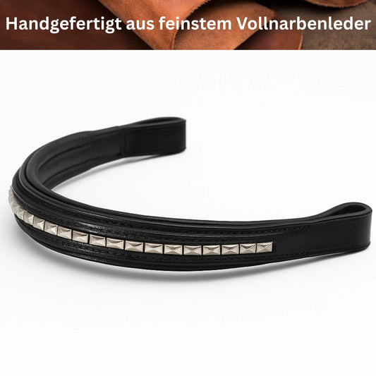 Black leather browband with silver studs on a white background