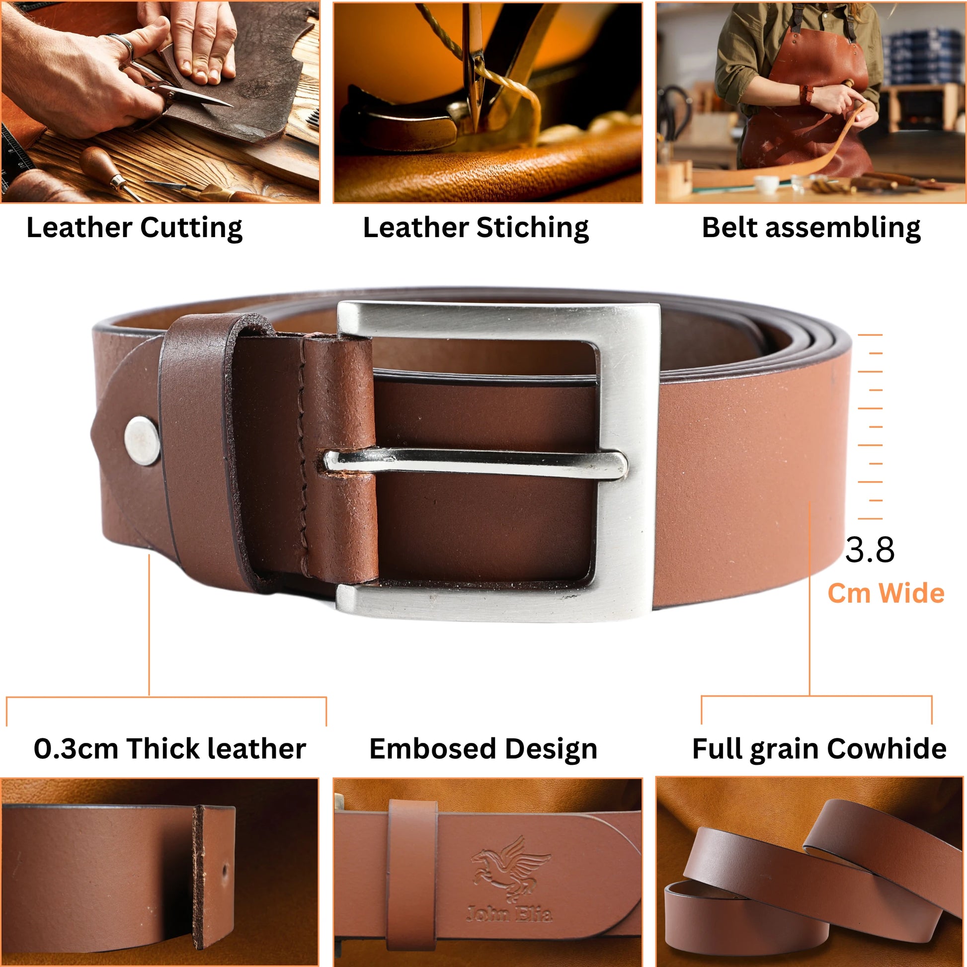 Brown leather belt with silver buckle, shown in various stages of production and detailed specifications.