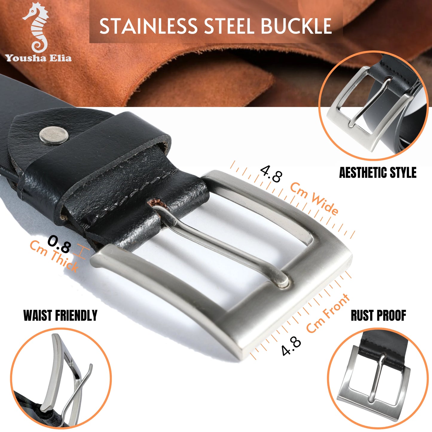 Black leather belt with stainless steel buckle, showing measurements and features.