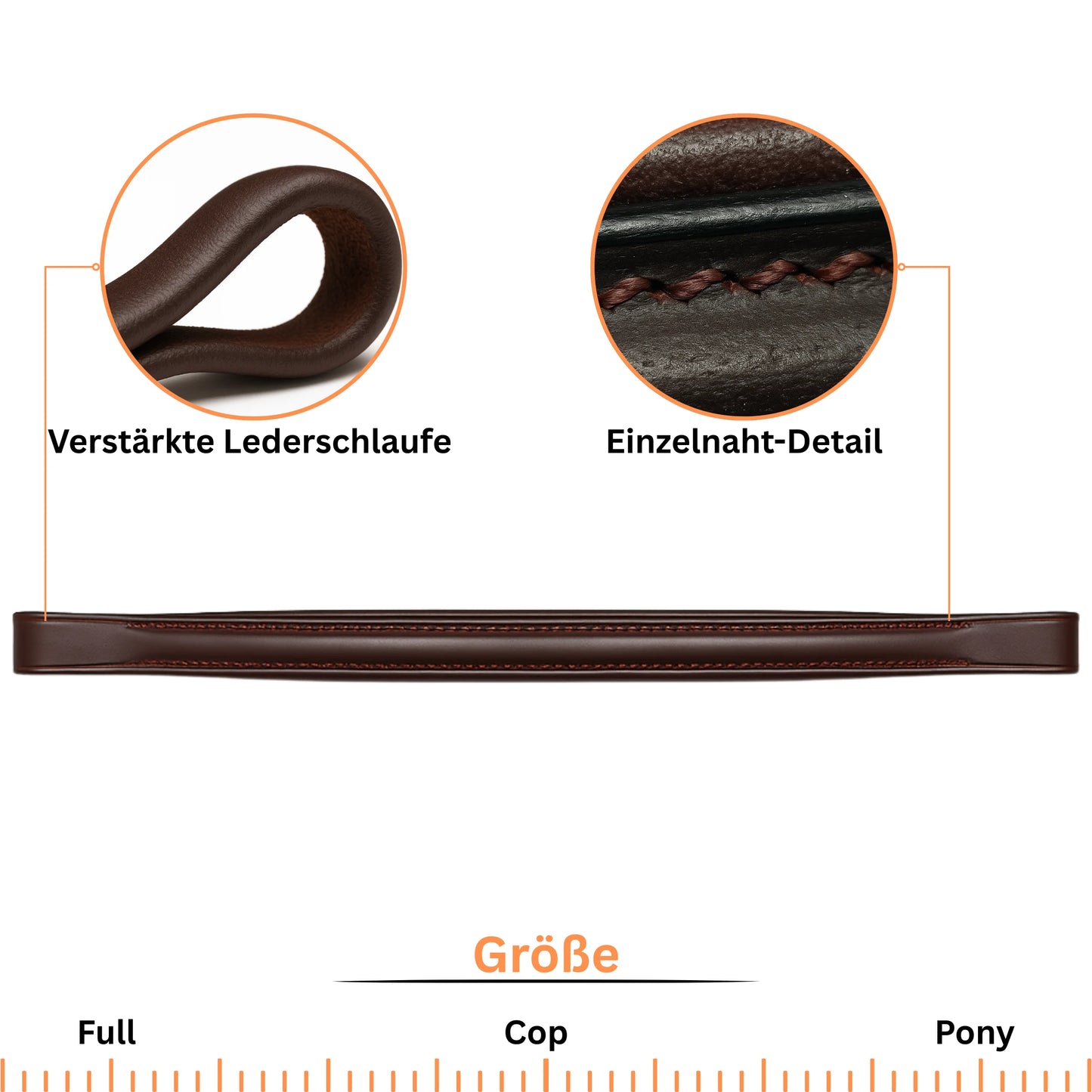 Brown leather bridle with detailed features and size measurement scale on a white background