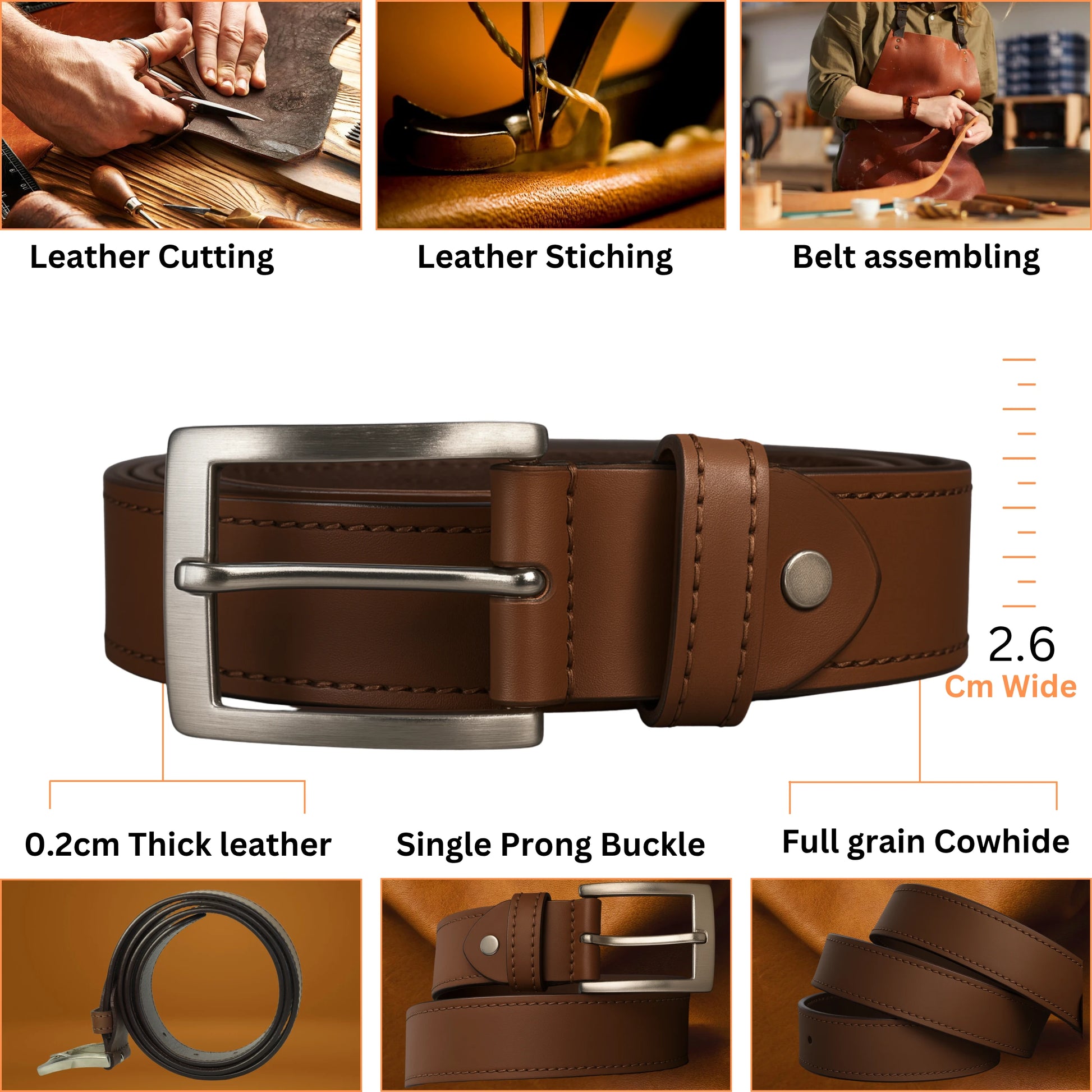 Brown leather belt with metal buckle, showing processes like cutting and stitching, on a white background.