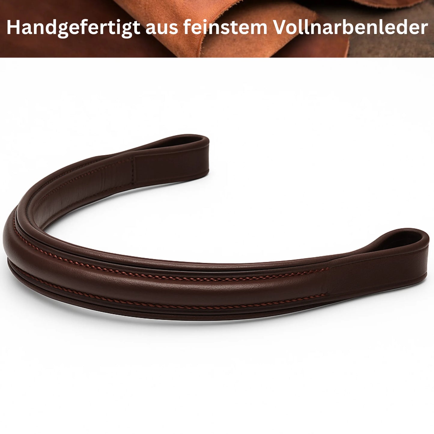 Brown leather strap on a white background with text about finest full-grain leather.