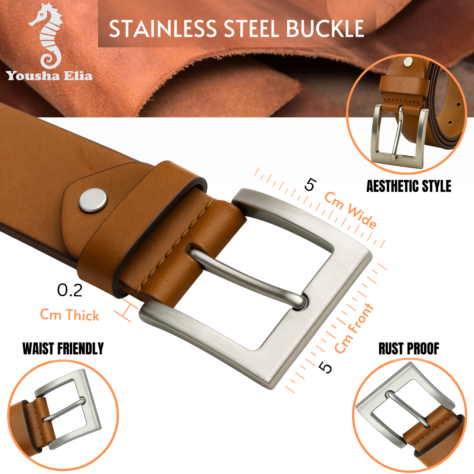 Brown leather belt with stainless steel buckle, featuring text on its features.