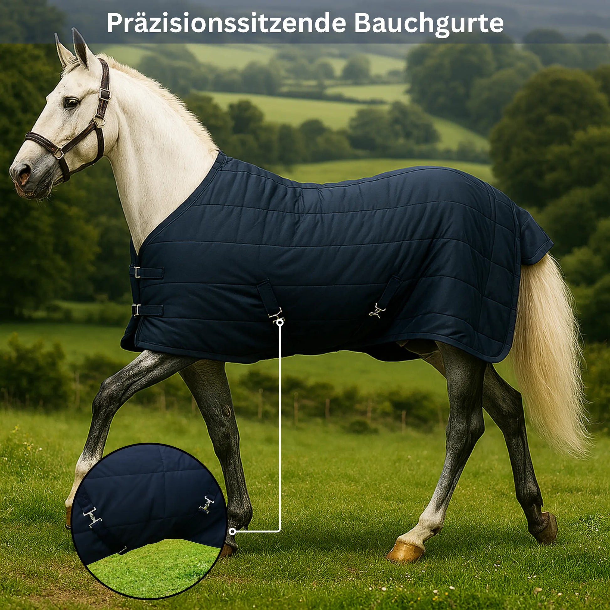 Horse wearing a navy blue rug in a grassy field with a close-up of the rug.
