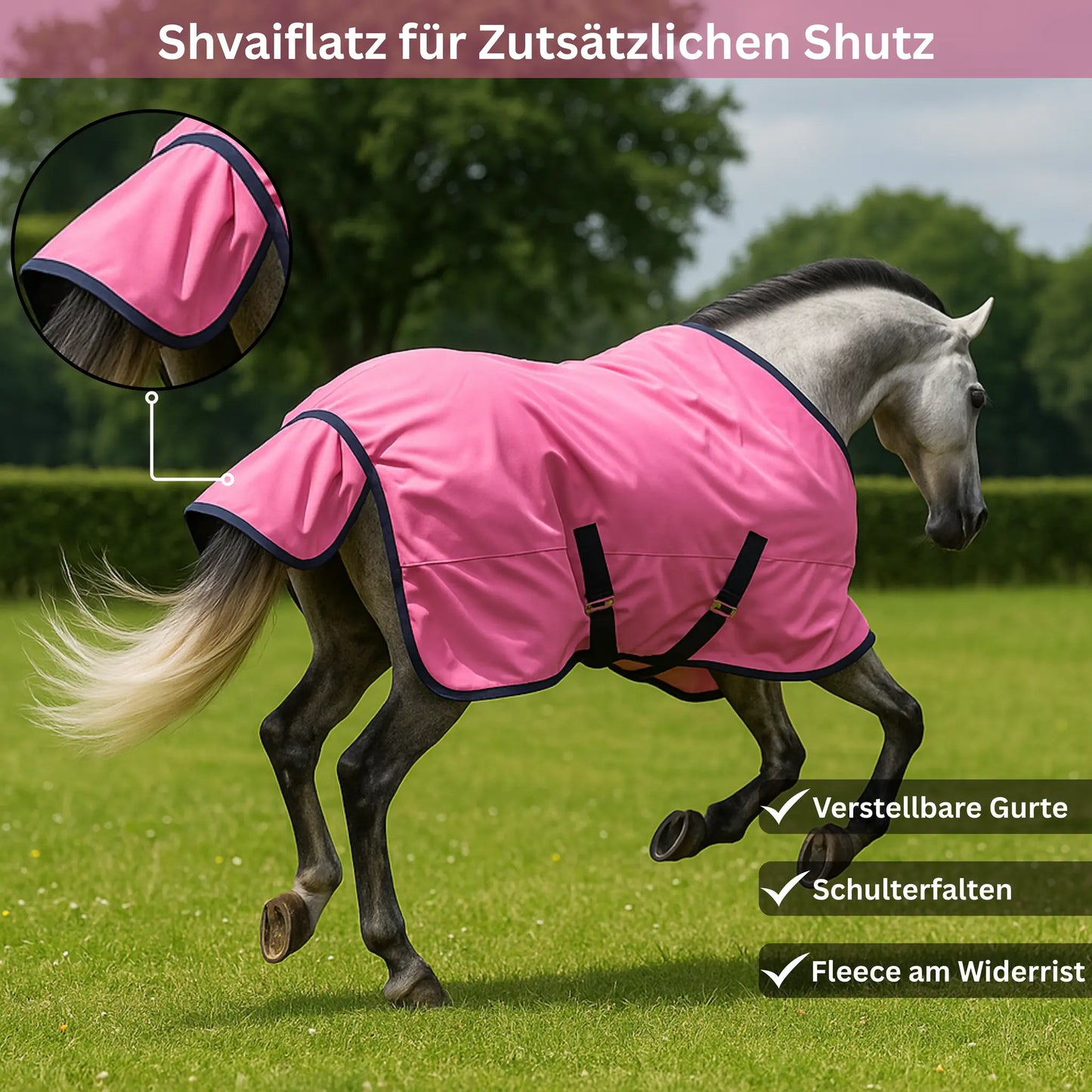 Horse wearing a pink rug with additional protection on a grassy field