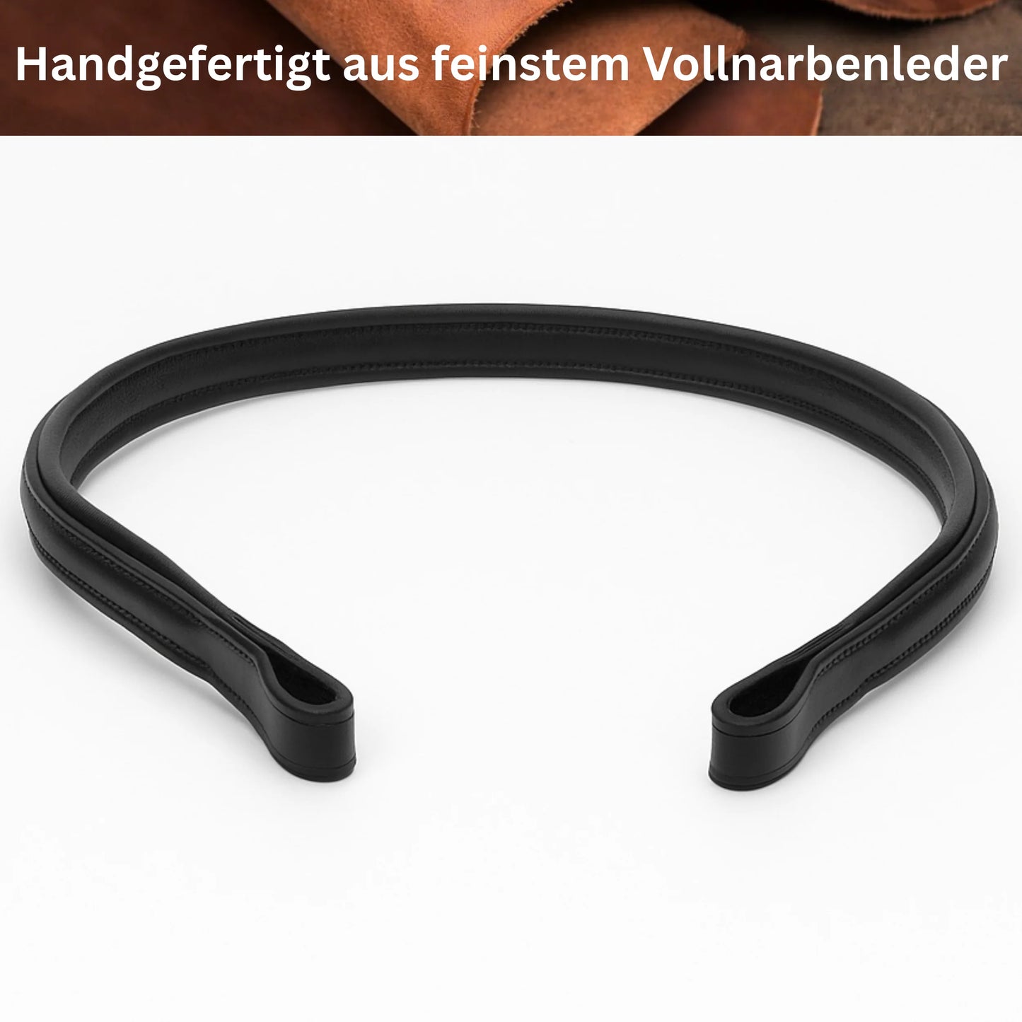 Black leather belt on a white background with text about finest full-grain leather.