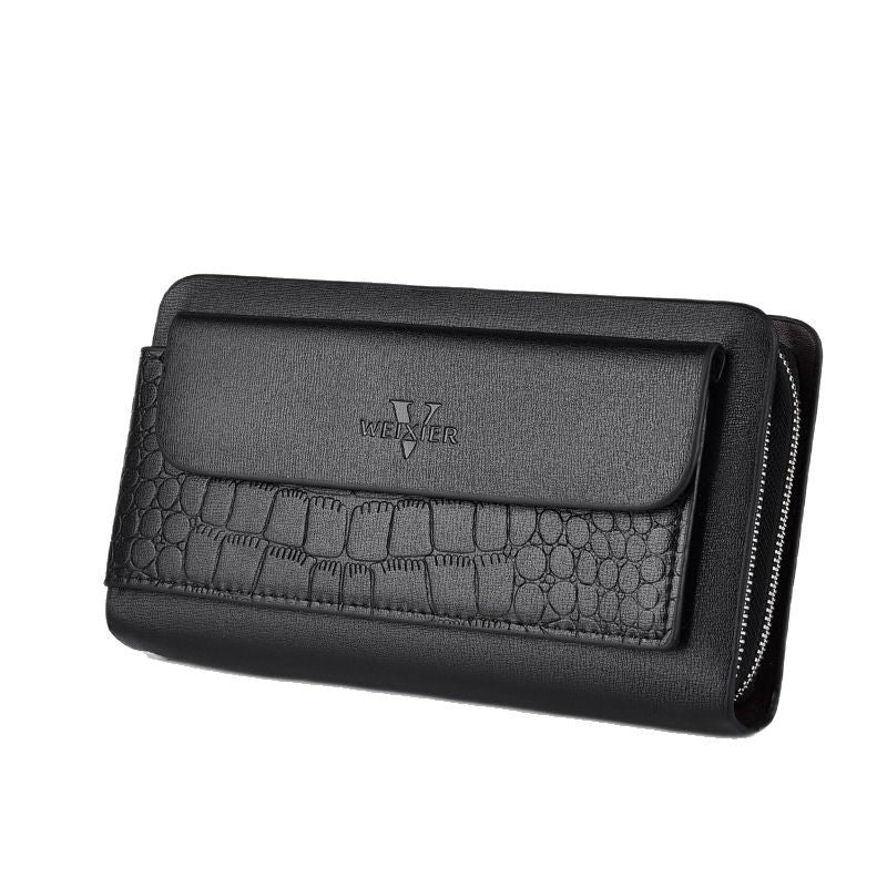 Black wallet with crocodile texture and brand logo on a white background