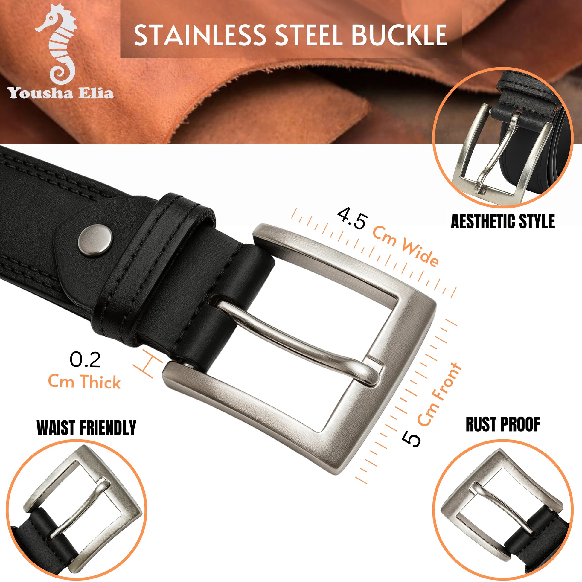 Black leather belt with stainless steel buckle, featuring product details on a white background.